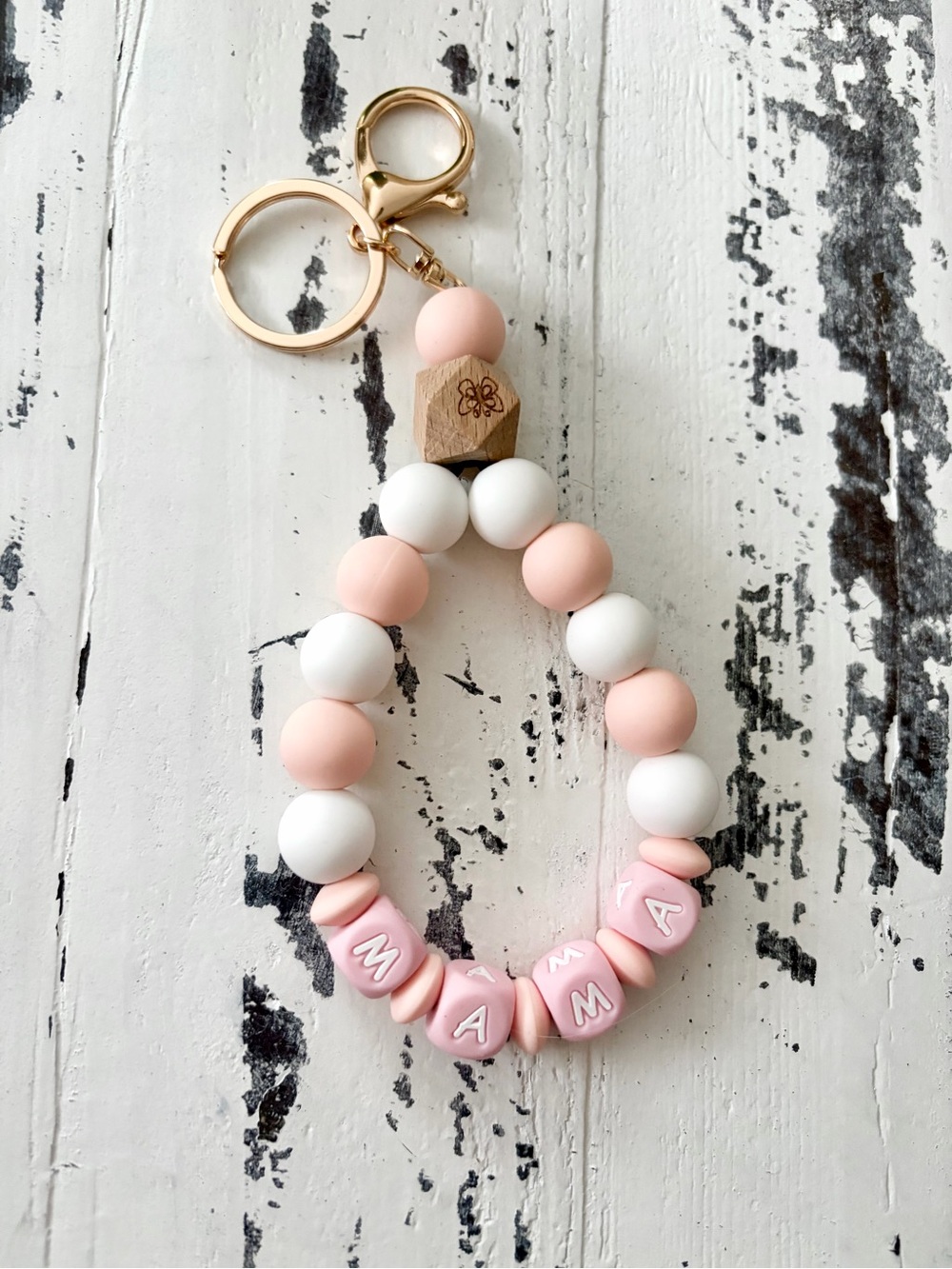 Beaded Keychain Wristlet - Pink & White with "MAMMA"